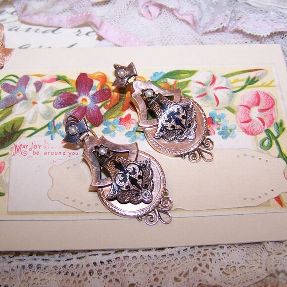 Antique 14K Gold Taille D'Epergne Enamel Pearl Dangle Earrings - Hook Findings - Picture 5 of 10